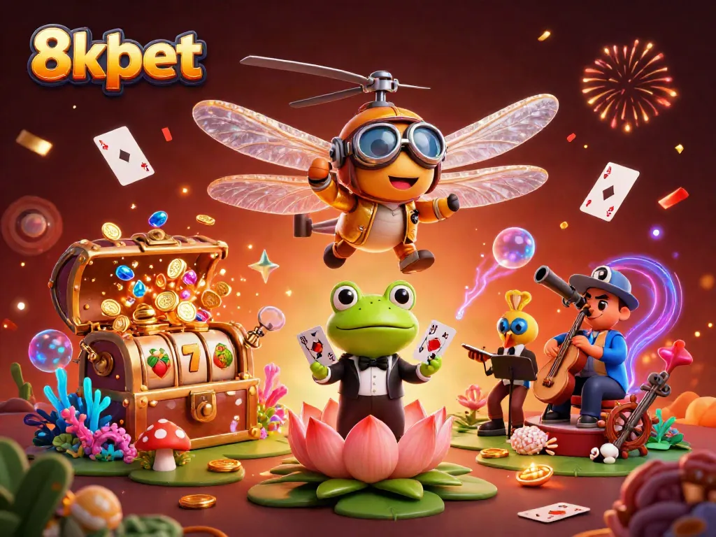Engage in thrilling gameplay at 8xbet with dragonfly pilot and frog croupier in a vibrant casino scene.
