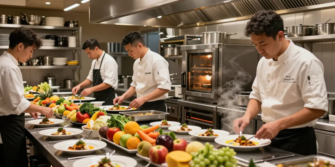 Preparing gourmet dishes with professional catering equipment in a busy restaurant kitchen.