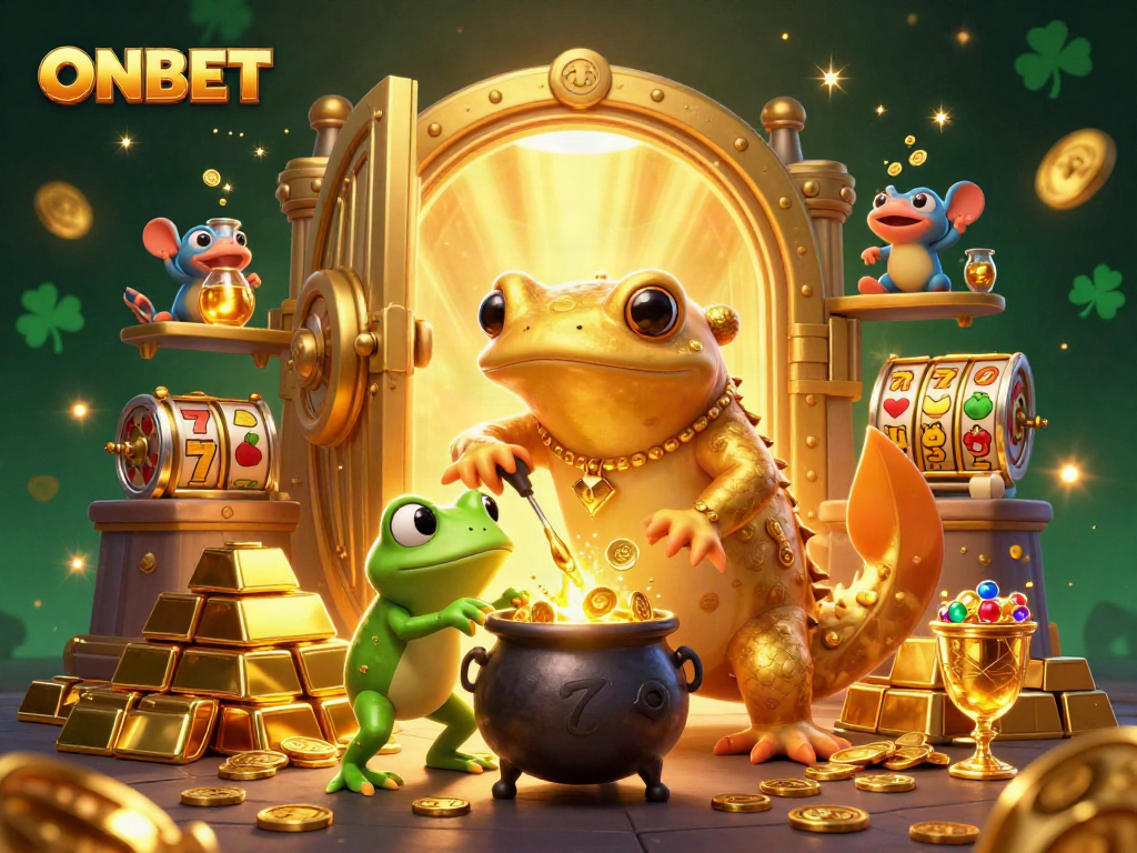 ONBET's vibrant casino scene with golden alchemist crafting winnings, slot reels, and sparkling treasures