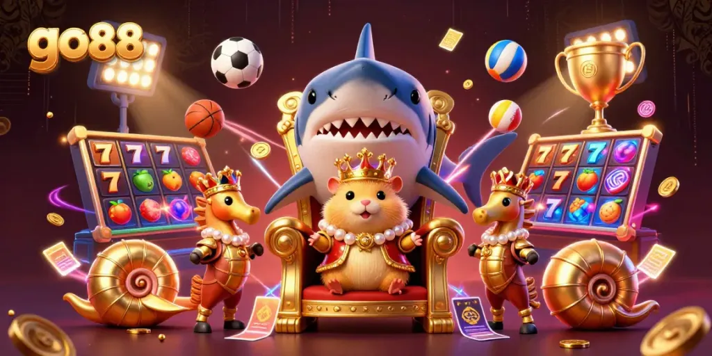 Experience the exciting world of go88 with a vibrant 3D illustration featuring casino elements and game characters.