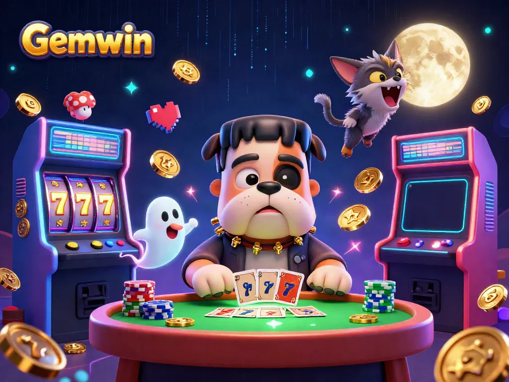 Gemwin-themed fun illustration featuring a Frankenstein bulldog dealing cards at a lively casino.