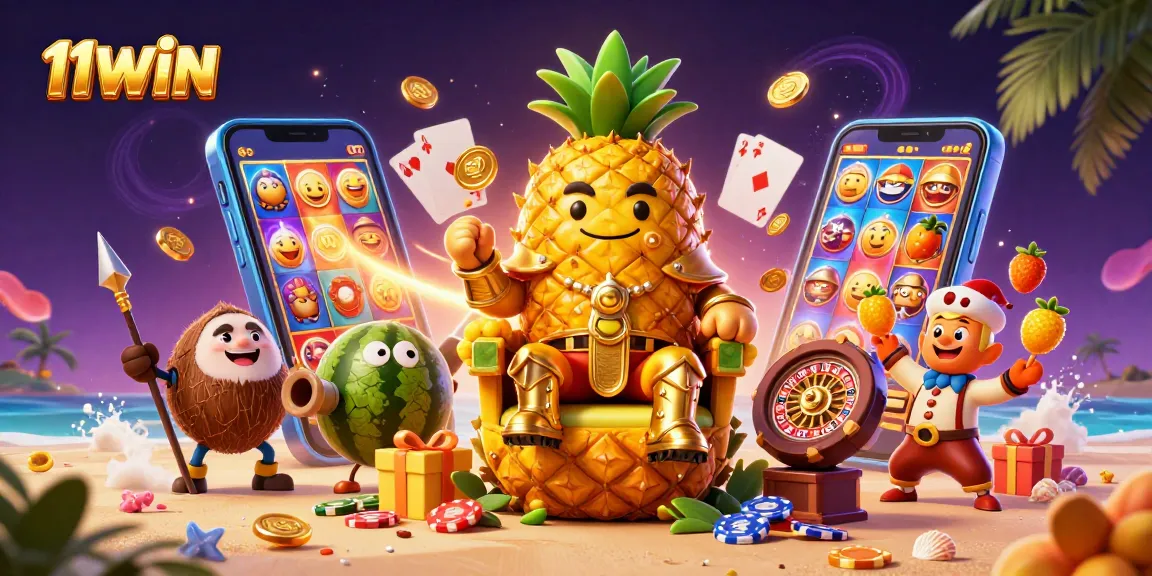 Engage with 11WIN's vibrant casino scene featuring a golden pineapple king and exciting game elements.
