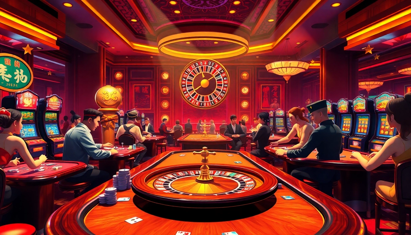 Chinese animated characters enjoying a thrilling hhkungfu casino experience with vibrant games.