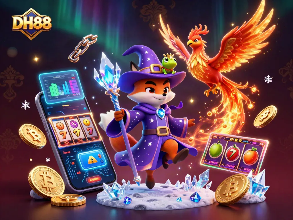 Spin the reels of DH88 in this vibrant illustration rich with casino elements and magical characters.