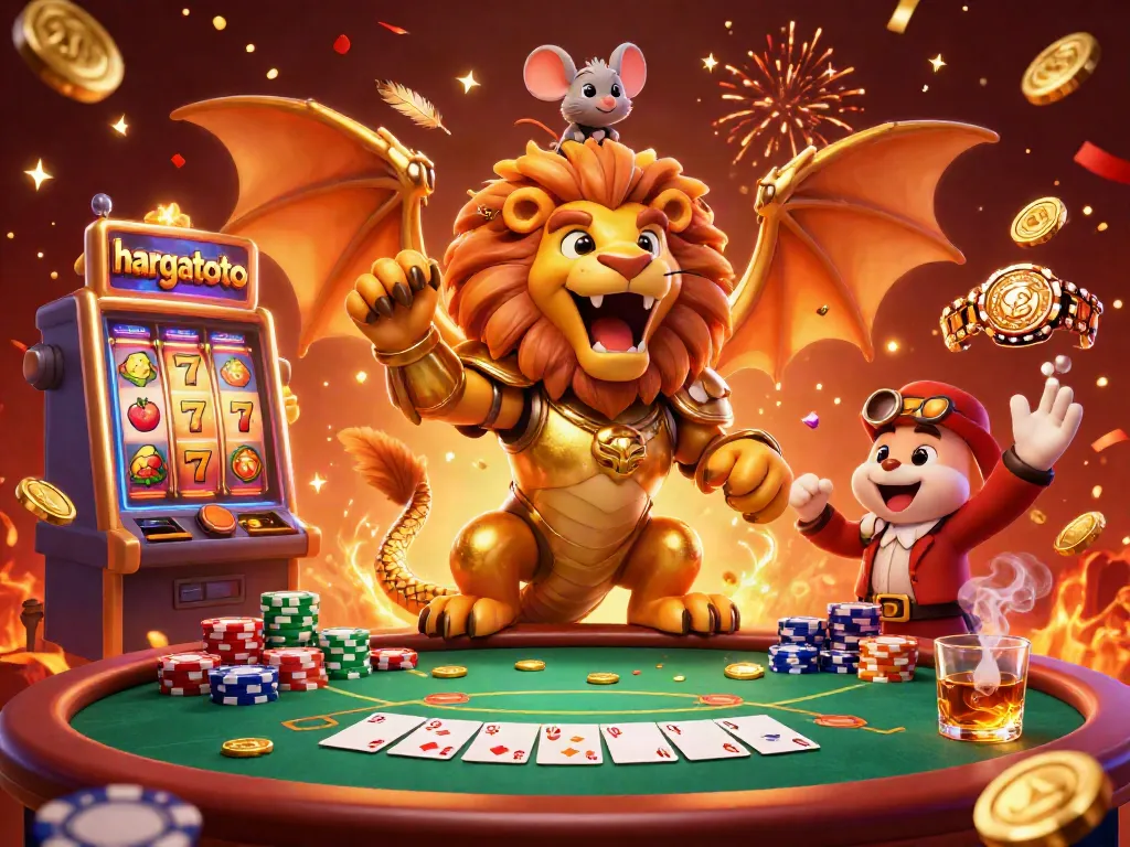 Engage with hargatoto's dynamic slot gameplay featuring a roaring chimera and exciting casino elements.