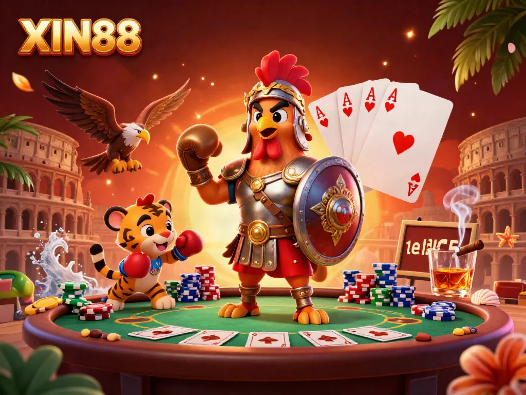 XIN88 showcases a gladiator rooster at a vibrant casino scene with poker chips and cards.