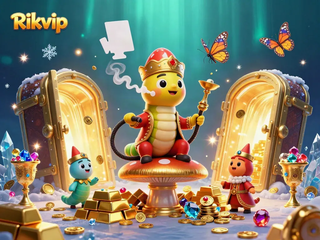 Engage in thrilling gaming action at Rikvip with an enchanting illustration featuring vibrant characters and captivating treasures.