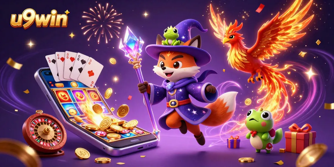 u9win's magical realm of casino excitement with 3D wizard fox, phoenix, and colorful slot games