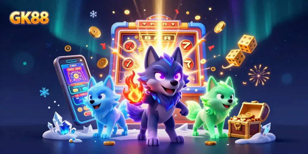Engage in vibrant gaming action at GK88, featuring a trio of spectral wolves amidst a jackpot explosion.