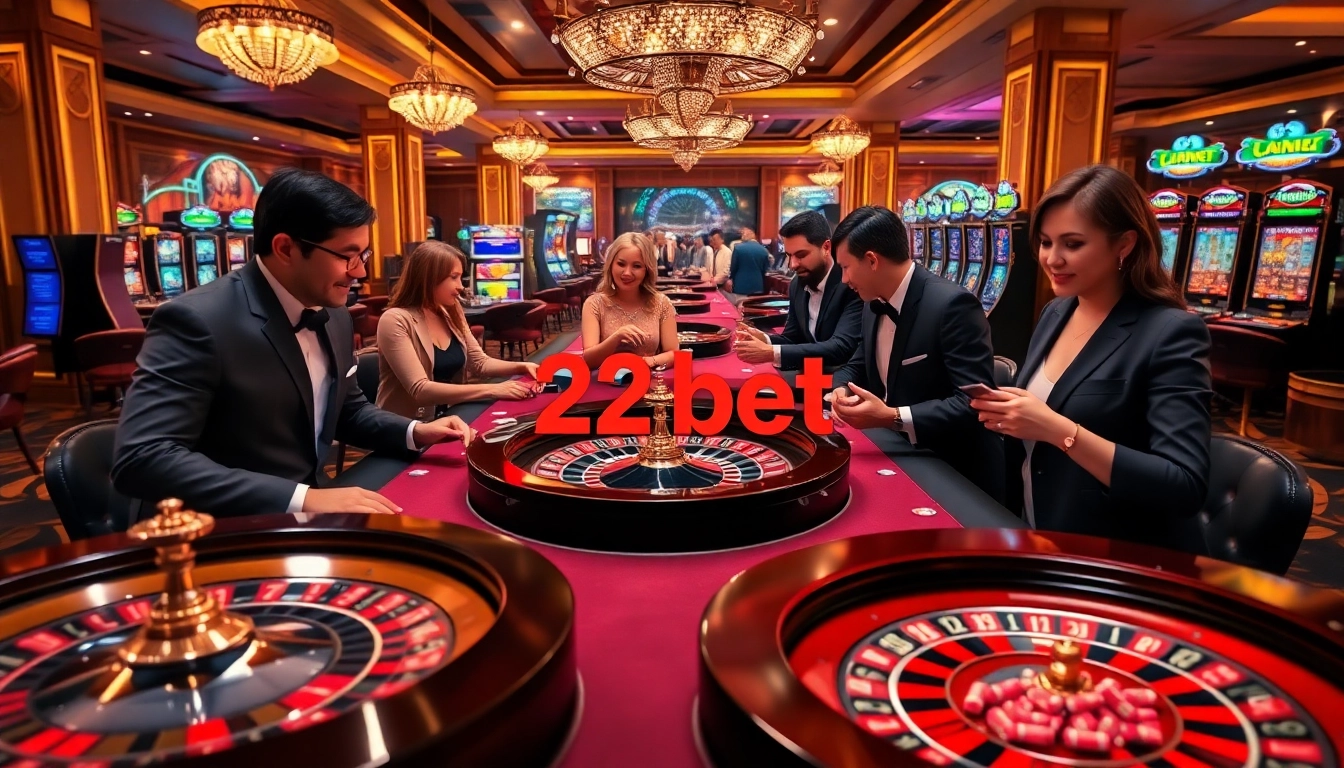 Exciting gambling scene at a casino table representing 22bet with poker chips and roulette wheels.