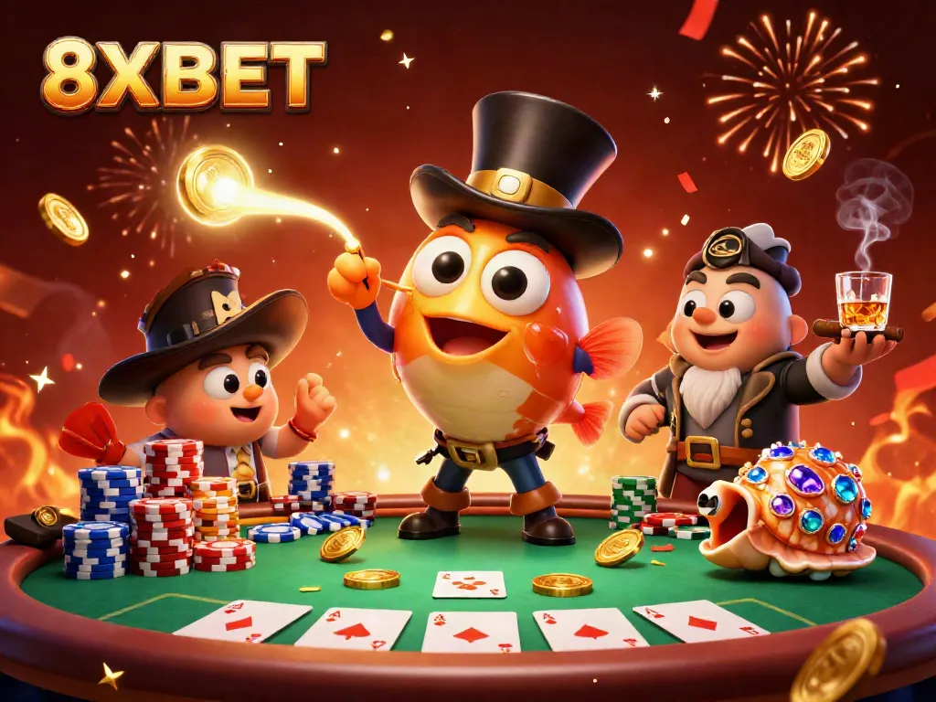 Immerse in 8XBET's vibrant casino scene with animated characters winning tokens in a rich and dynamic setting.