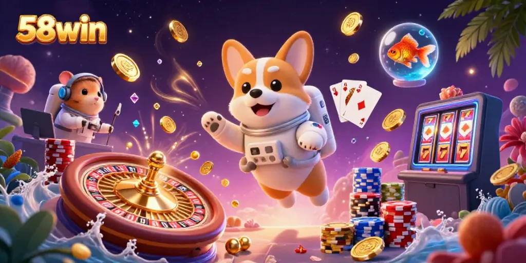 Experience immersive gaming with 58win's dynamic casino scene featuring vibrant characters and stellar elements.