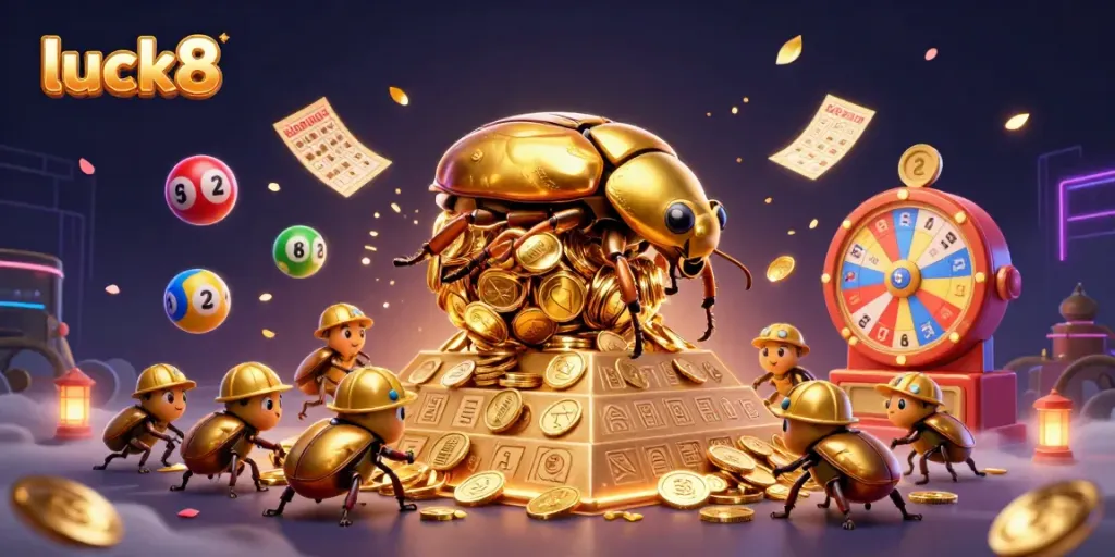 Engage in luck8 gaming with stunning illustration of golden beetles and dynamic lottery elements.