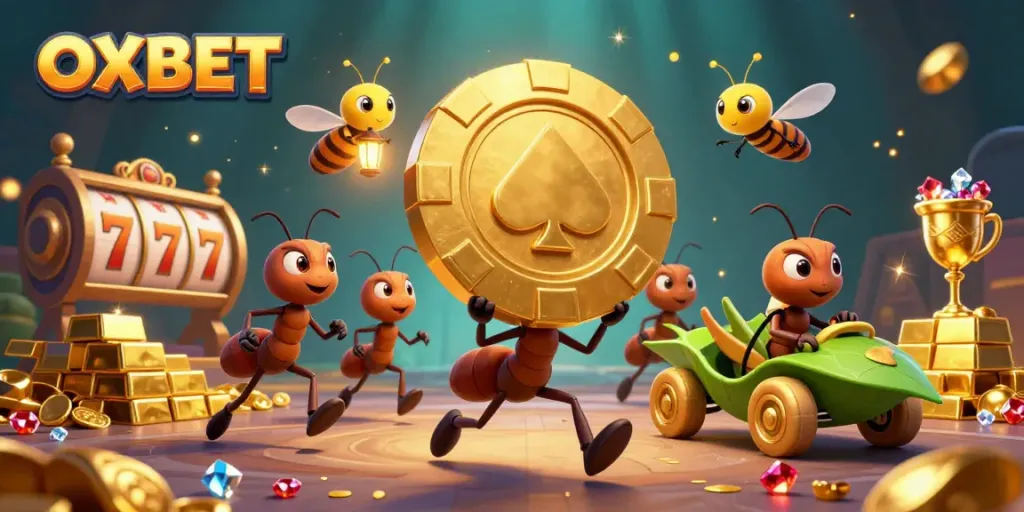 Experience thrilling gaming action with the OXBET heist scene featuring vibrant characters and casino treasures.