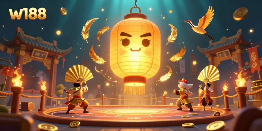 Experience the enchanting w188 casino scene featuring a glowing lantern spirit and golden companions amid a vibrant night market.