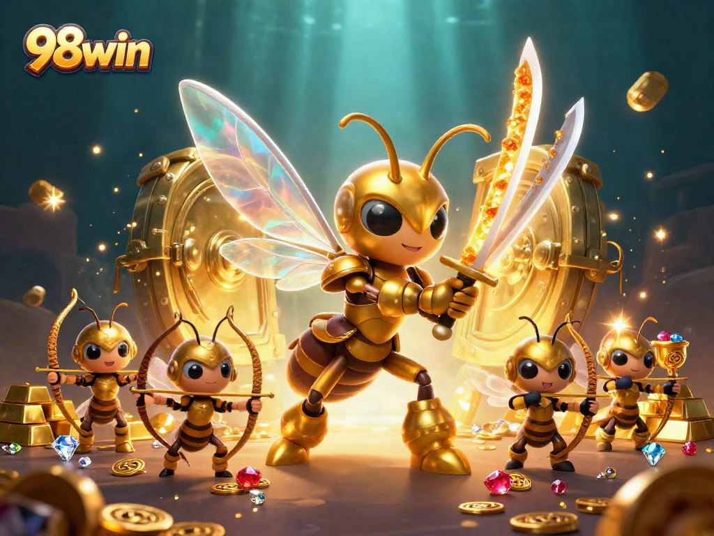 Experience the thrill of 98win through a vibrant 3D casino illustration filled with action and treasures.
