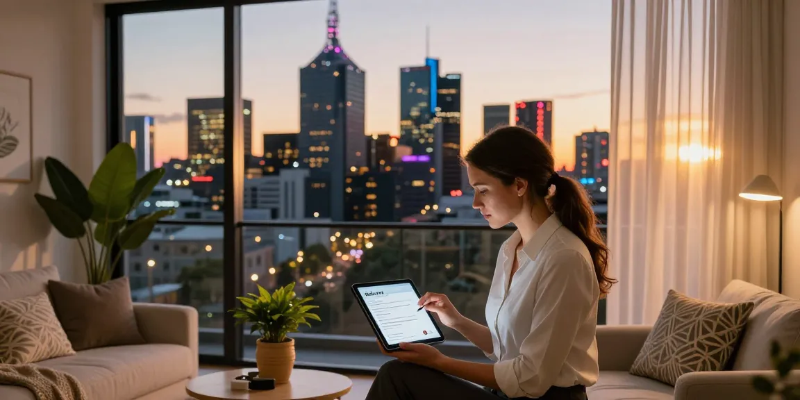 Melbourne Airbnb management scene with a property manager reviewing listings in a stylish accommodation setup
