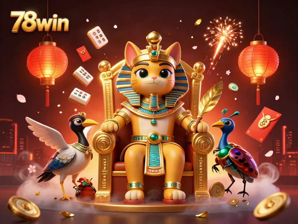 Engage with 78win’s dynamic casino experience featuring a pharaoh cat and game elements.