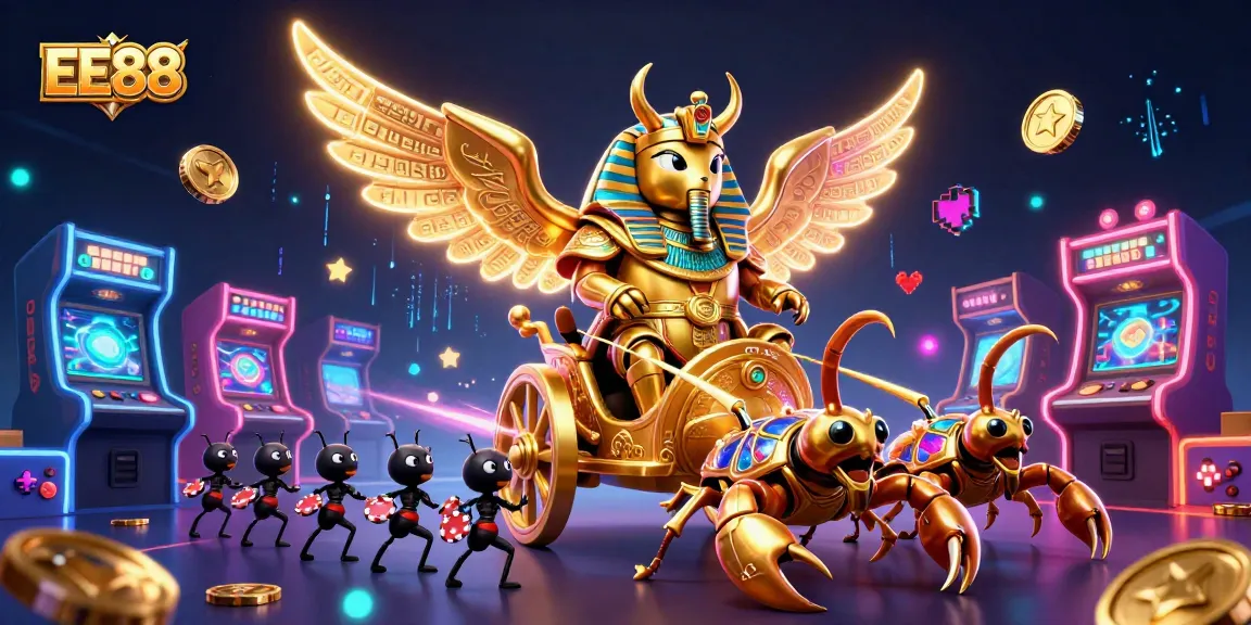 EE88 offers thrilling gameplay with vibrant characters and casino elements dancing in a dynamic illustration.