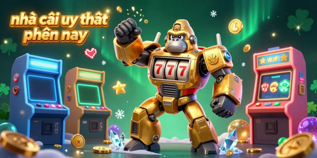 Engage with nhà cái uy tín hiện nay in a dynamic 3D scene featuring a golden gorilla mech surrounded by vibrant gaming elements.