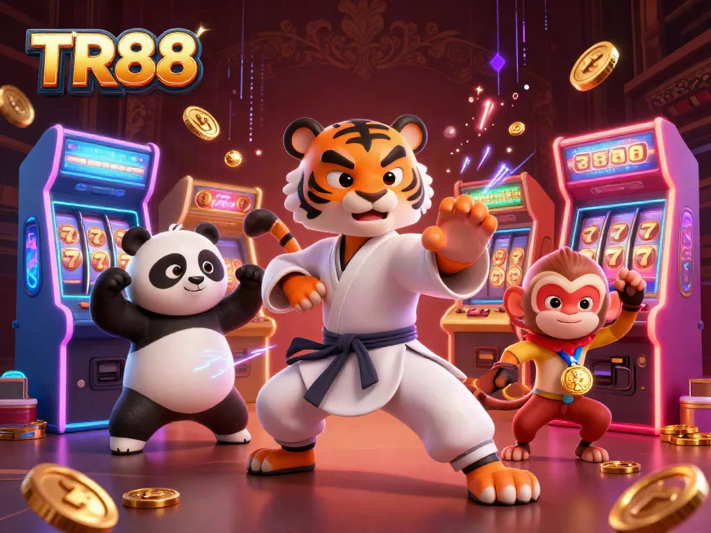 TR88 showcases winning gameplay with a kung fu tiger, panda, and monkey amidst vibrant casino slot machines.