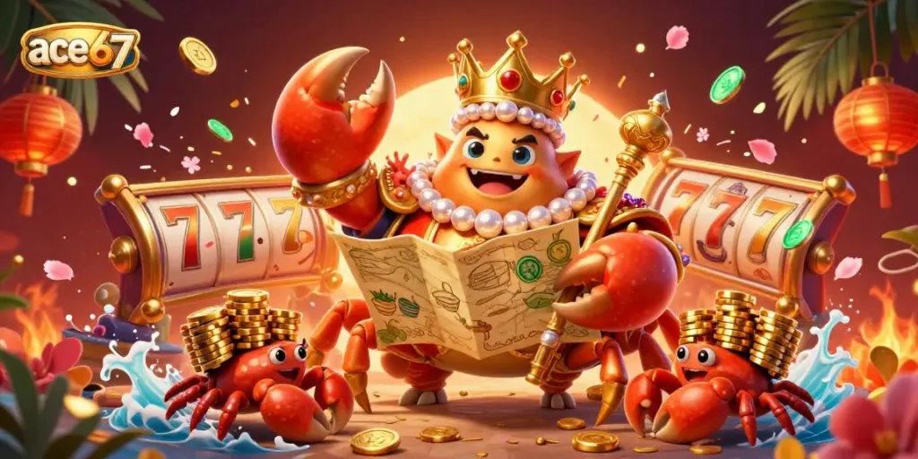 Engage with ace67's vibrant 3D casino scene featuring a golden crab emperor and dynamic game elements.