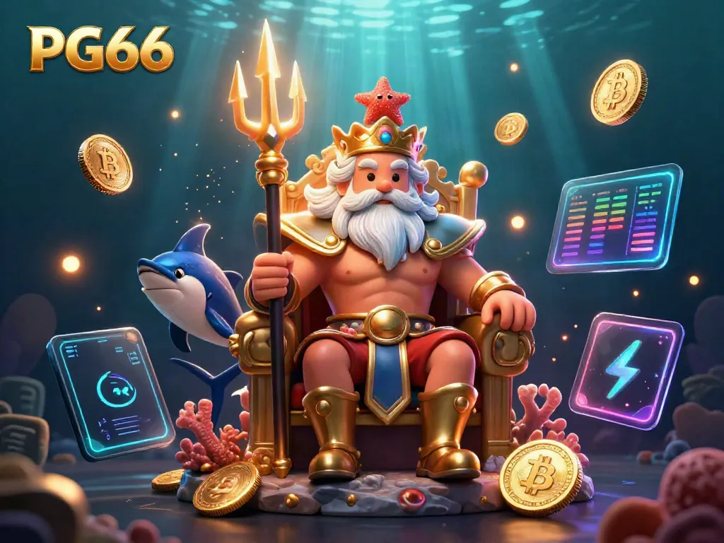 PG66 offers vibrant 3D casino illustration showcasing Neptune and samurai with crypto elements.
