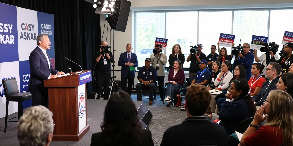 Casey Askar debating in a packed audience during a political campaign highlighting his controversies.