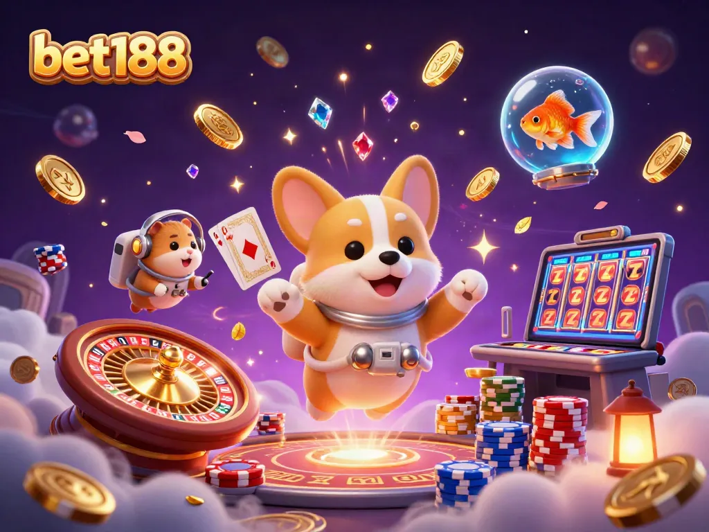 Experience the thrill of bet188 games with a corgi astronaut and vibrant casino elements.