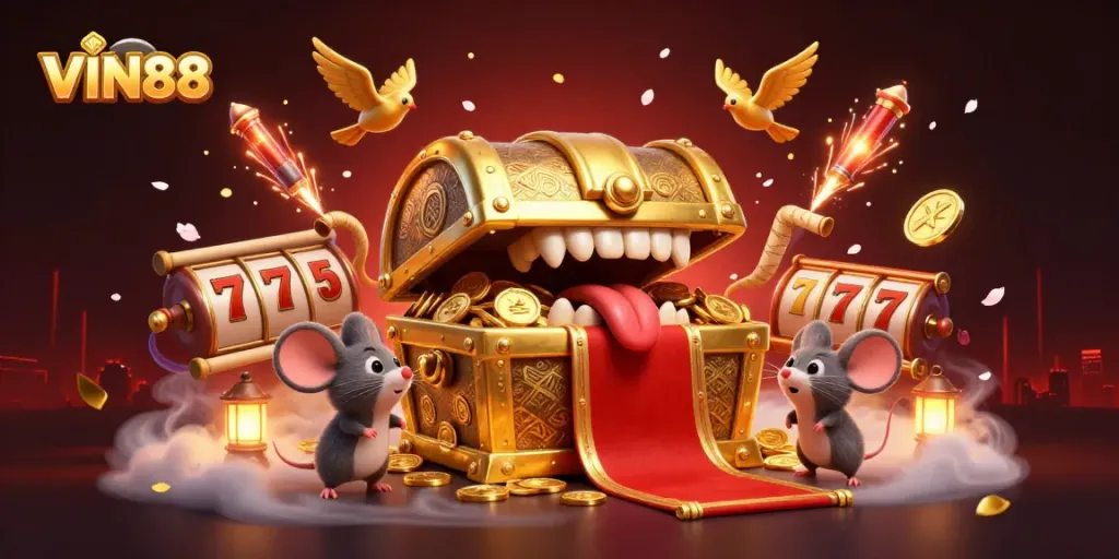VIN88 captivates players with a vibrant 3D scene of spinning slot reels and golden treasures awaiting discovery.