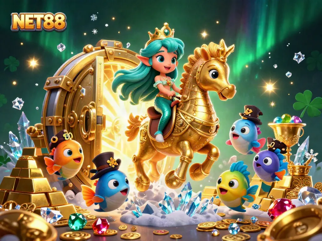 Experience thrilling wins at NET88 with an enchanting underwater casino adventure showcasing vibrant sea creatures and treasures.