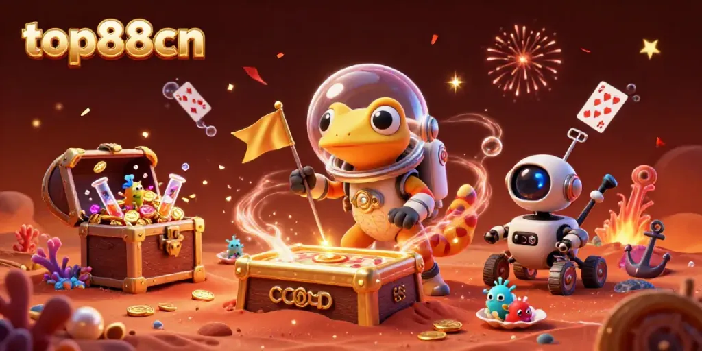 Experience the thrilling adventure of top88cn with a Martian gecko discovering a golden casino in a vibrant alien landscape.