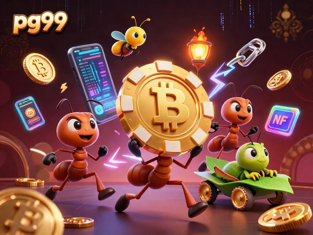 pg99 ants executing a heist, showcasing dynamic casino elements and crypto coins.