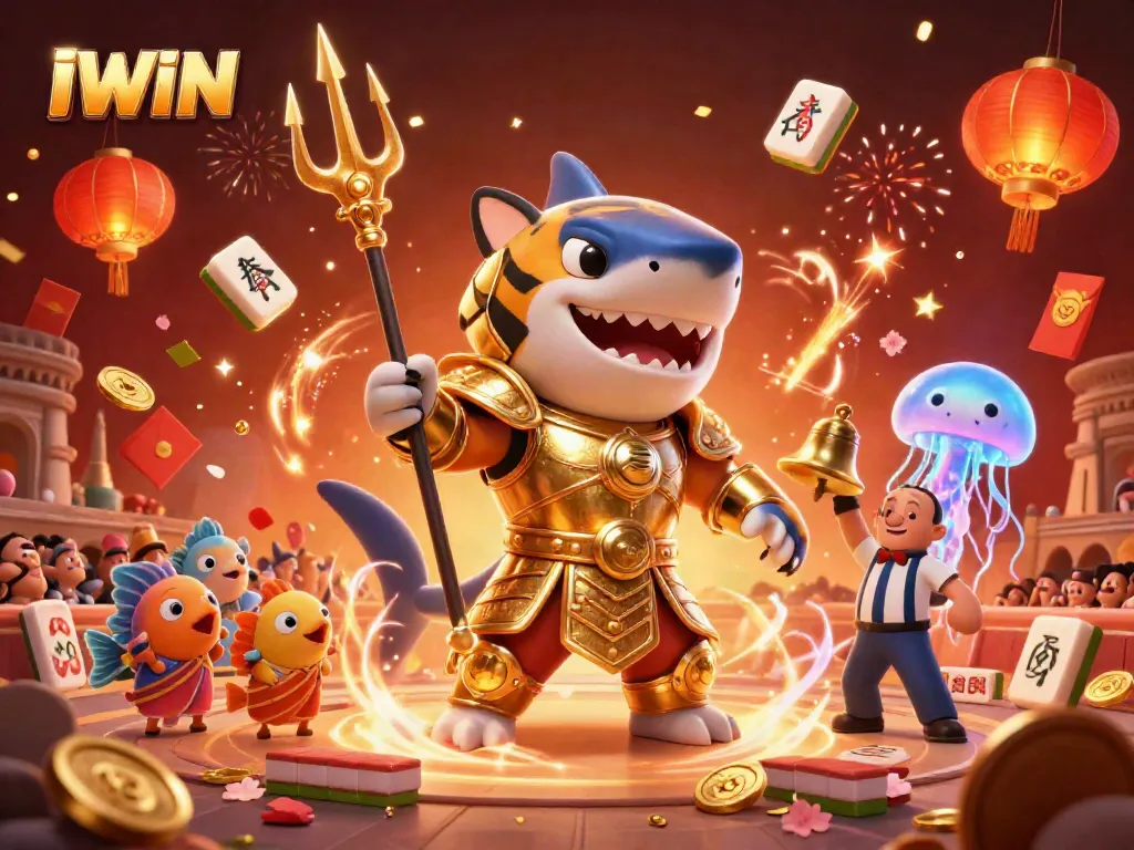 IWIN brings excitement with a fierce tiger shark in gladiator armor leading a dynamic underwater colosseum scene.