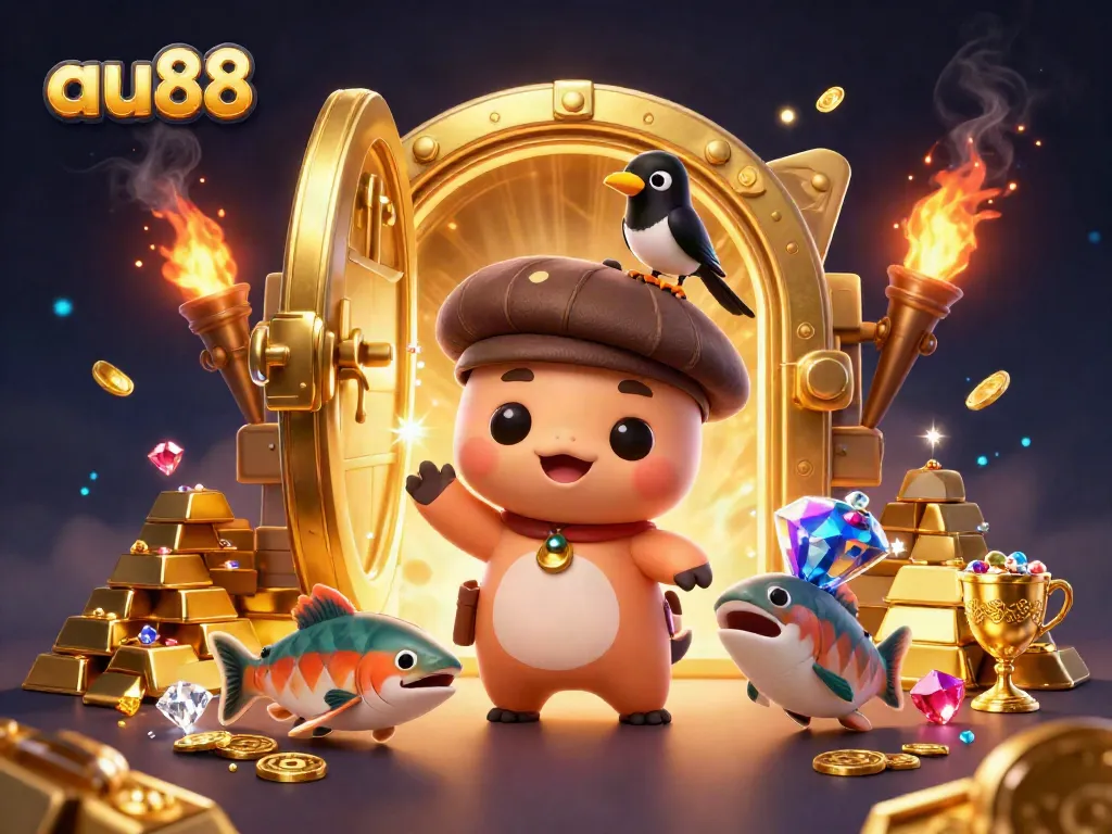 Engage with the fun at au88 with a cartoon Nessie, treasures, and vibrant gems in a casino themed illustration.