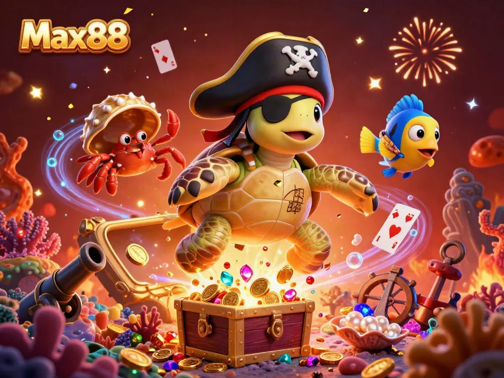 Experience lively underwater adventure with Max88 featuring a pirate turtle, hermit crab, and parrotfish, showcasing thrilling gaming elements.