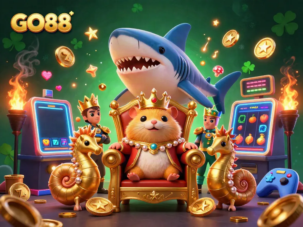 Experience the GO88 excitement with a vibrant 3D scene featuring a golden hamster king amid colorful slot machines.