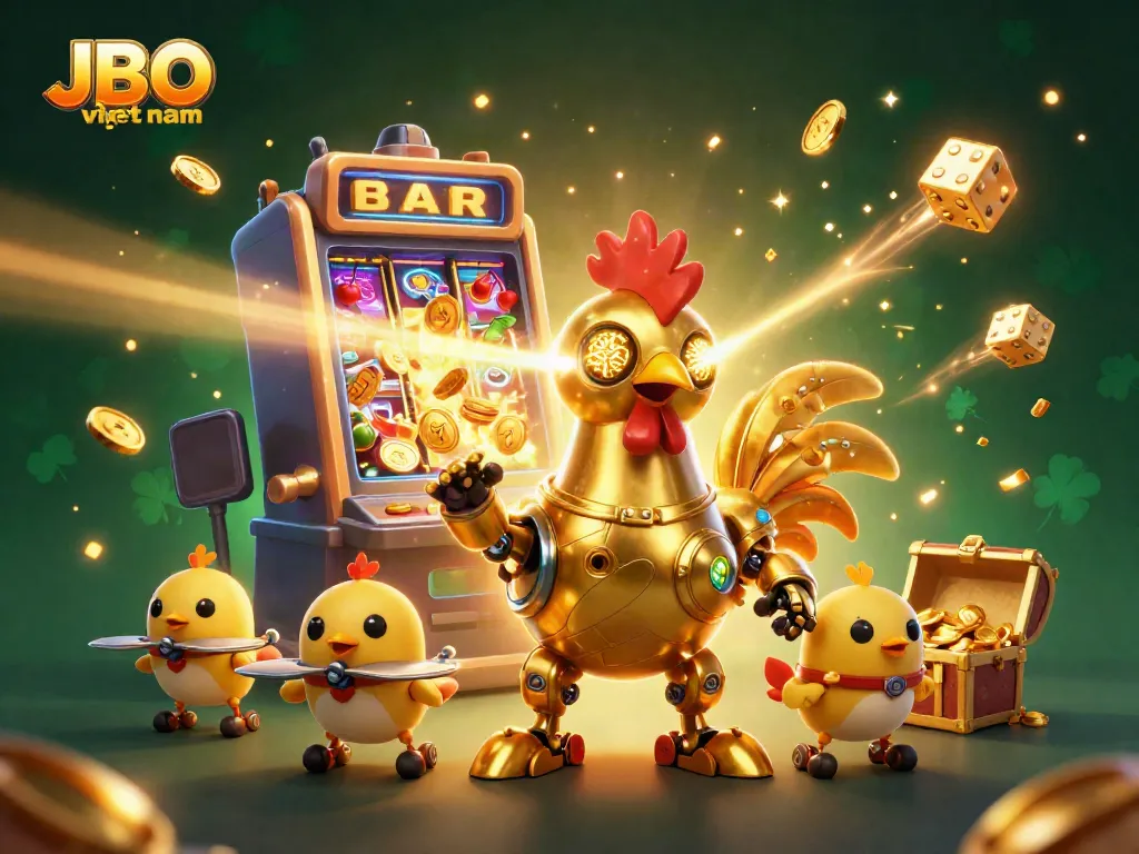 Experience the thrill with JBO việt nam's vibrant 3D illustration featuring a futuristic golden rooster robot and exciting casino elements.
