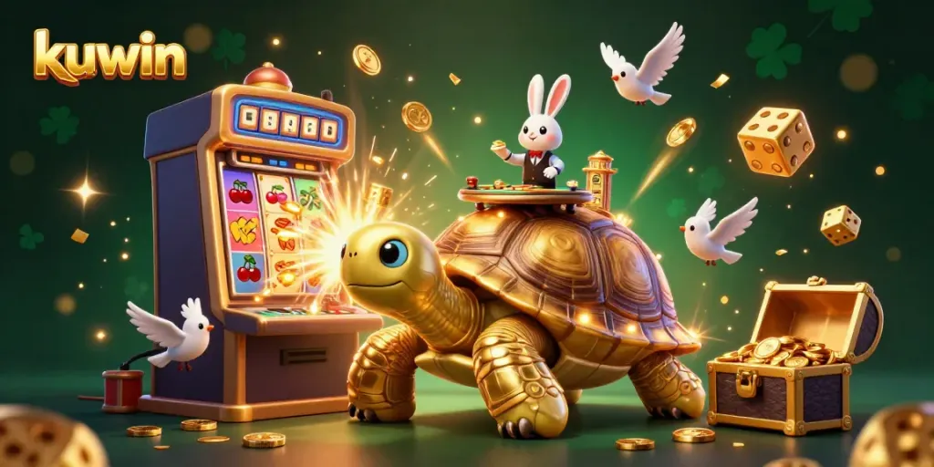 Kuwin's vibrant casino adventure illustrated with a golden tortoise and jackpot explosion.