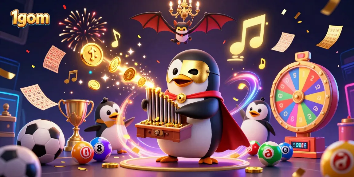 1gom presents a vibrant scene with a penguin organist and sports betting elements featuring colorful lottery balls and golden rewards.
