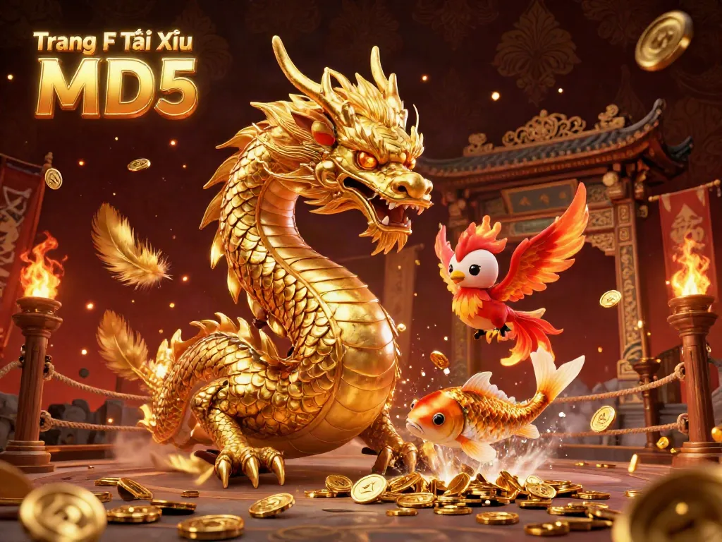 Experience thrilling gameplay at Trang Chủ Tài Xỉu MD5 with a golden dragon, phoenix, and koi fish in a vibrant casino scene.