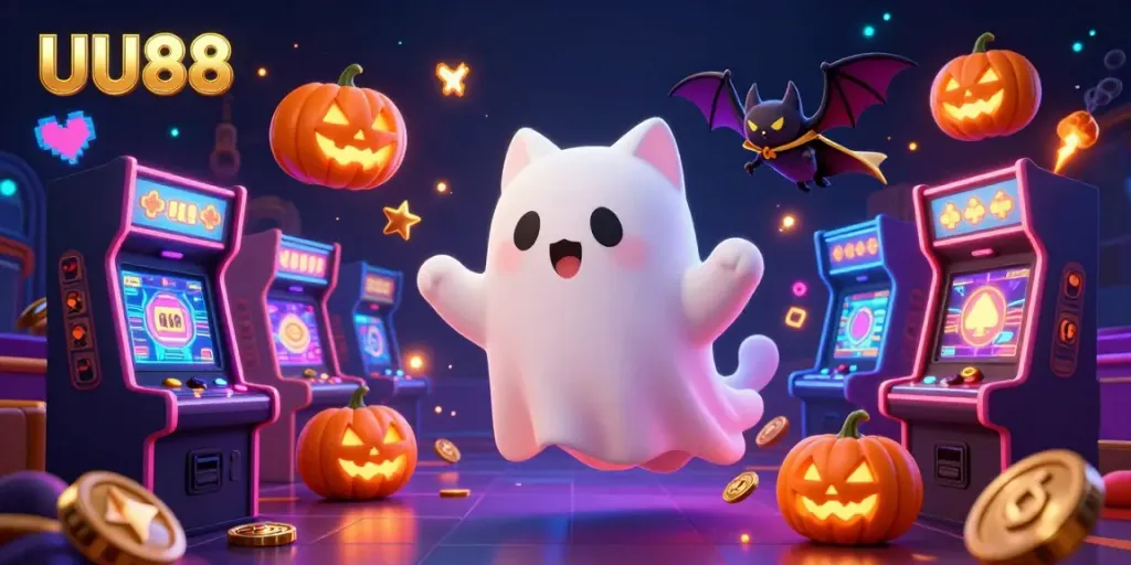 Play exciting casino games at UU88 with a friendly ghost cat and a bat in a haunted mansion.