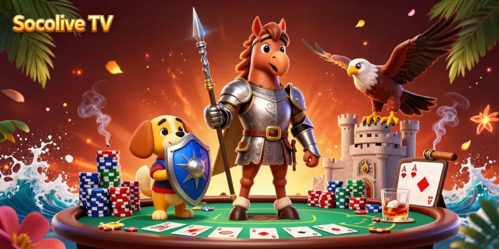 Engage with Socolive TV's vibrant slots and poker scene featuring knights, chips, and cards.