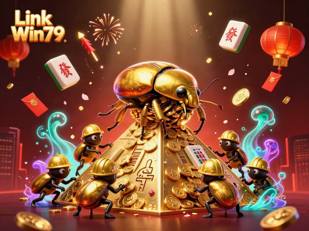 Experience the excitement of Link Win79 as a golden dung beetle rolls coins up a pyramid in a vibrant casino scene.