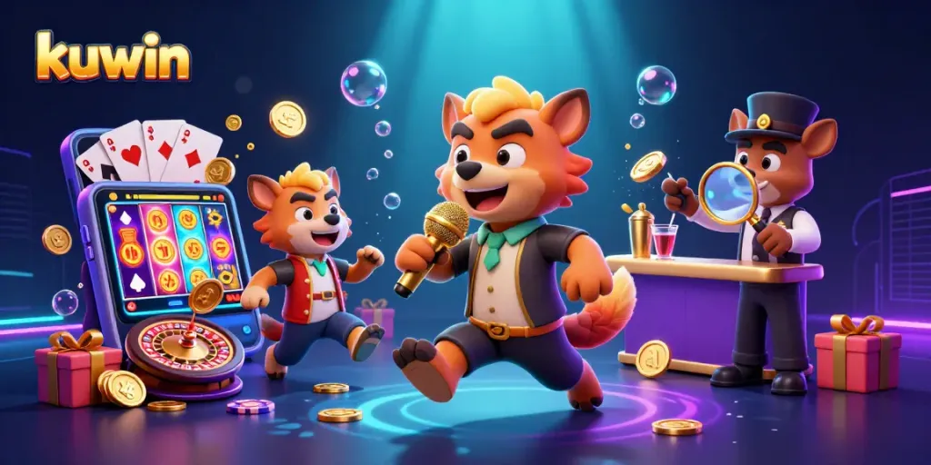 Kuwin hyena characters entertain gamblers in a vibrant casino scene with comedy and drinks.