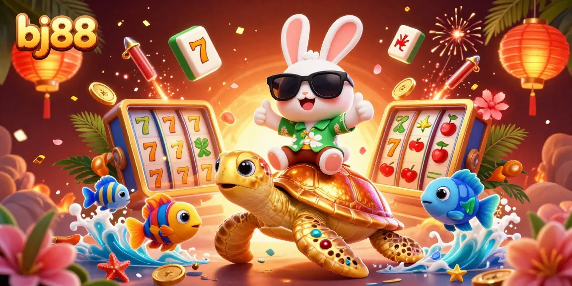 A charming lucky rabbit endorses bj88 while riding a golden turtle among slot reels and festive elements.