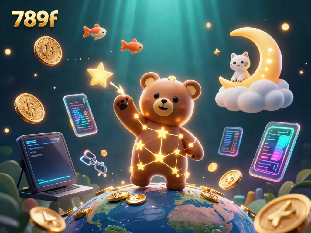 Engage with 789f's online casino world, featuring a constellation bear and vibrant crypto elements.