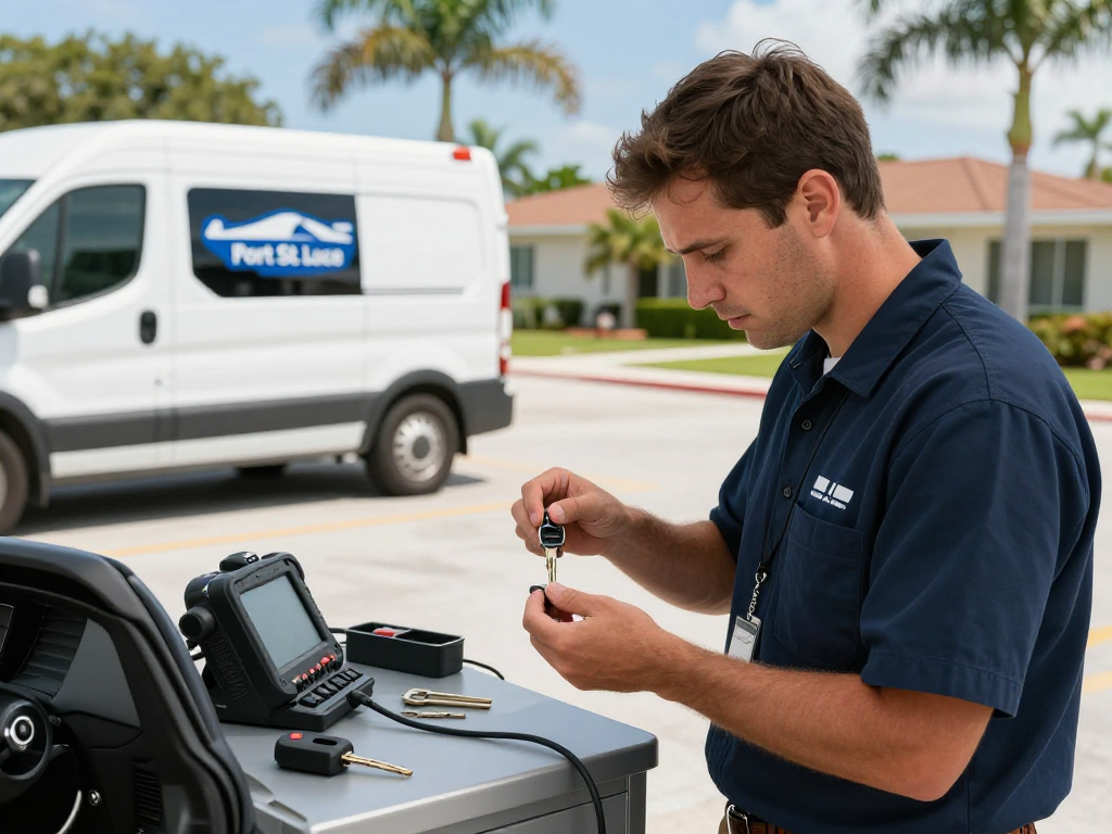 Key fob programming Port St. Lucie by a trained locksmith in a sunny neighborhood.