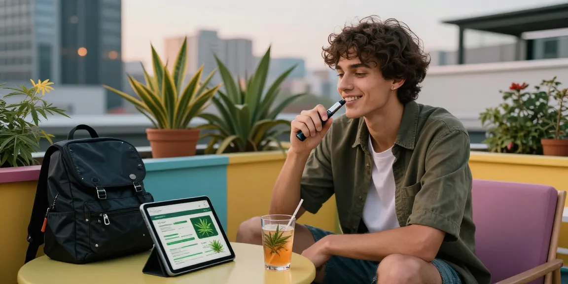 Young adult enjoying weed pens on a rooftop terrace with city views.