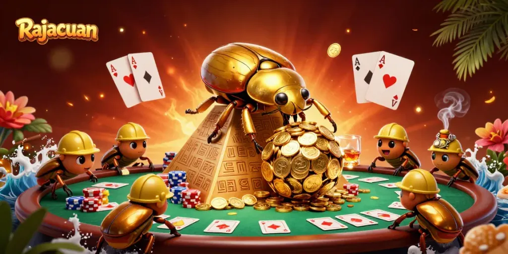 Experience the excitement of Rajacuan gaming with golden beetles rolling coin balls in a vibrant casino scene.